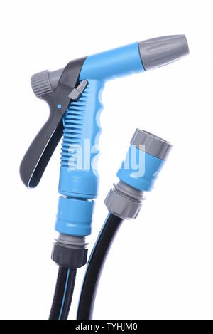 Garden hose with nozzle isolated on white background Stock Photo