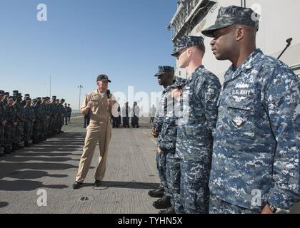 DIEGO (Nov. 10, 2016) Master Chief Petty Officer of the Navy (MCPON) Steven Giordano addresses amphibious assault ship USS Boxer (LHD 4) Sailors of the Year during an all hands call. Boxer is currently pier side preparing for a planned maintenance availability. Stock Photo