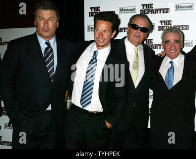 (Left to right): Alec Baldwin, Mark Wahlberg, Jack Nicholson, and Martin Scorsese arrive for the premiere of their new movie 'The Departed' at the Ziegfeld Theater in New York on September 26, 2006.  (UPI Photo/Laura Cavanaugh) Stock Photo