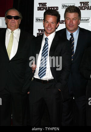 (left to right): Jack Nicholson, Mark Wahlberg and Alec Baldwin arrive for the premiere of their new movie 'The Departed' at the Ziegfeld Theater in New York on September 26, 2006.  (UPI Photo/Laura Cavanaugh) Stock Photo