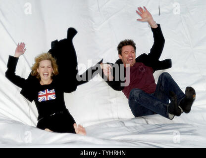 Hugh Jackman and Kate Winslet arrive for the premiere of their new movie 'Flushed Away' via a large toilet slide at the AMC Lincoln Square Theater in New York on October 29, 2006.  (UPI Photo/Laura Cavanaugh) Stock Photo