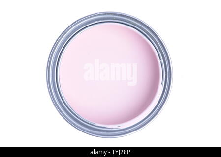 Can with pink paint isolated on white background, top view Stock Photo