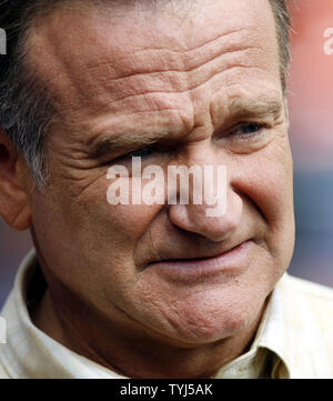 Robin Williams, seen in a file photo on the set while shooting the movie 'Old Dogs' at Shea Stadium in New York City on July 26, 2007, died in Marin County, California on August 11, 2014. He was 63.     UPI/John Angelillo Stock Photo