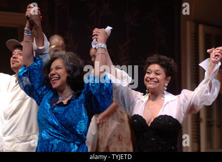 Cast members Terrence Howard, Phylicia Rashad and director Debbie Allen (l to r) take their opening night curtain call bows in the revival Broadway production of Tennessee Williams play 'A Cat on a Hot Tin Roof' at the Broadhurst theatre in New York on March 6, 2008.   (UPI Photo/Ezio Petersen) Stock Photo