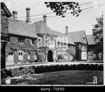 Russian soldiers stand guard at the entrance to Cecilienhof, the country house of the Crown Prince near Potsdam, Germany. The Potsdam Conference was held at Cecilienhof. Stock Photo