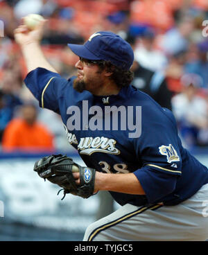 Milwaukee Brewers relief pitcher Eric Gagne throws a ninth inning pitch against the New York Mets at Shea Stadium in New York City on April 12, 2008. The Brewers defeated the Mets 5-3. (UPI Photo/John Angelillo) Stock Photo