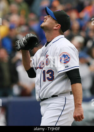 New York Mets relief pitcher Billy Wagner reacts after the final out against the Atlanta Braves at Shea Stadium in New York City on April 27, 2008. The Mets defeated the Braves 6-3. (UPI Photo/John Angelillo) Stock Photo