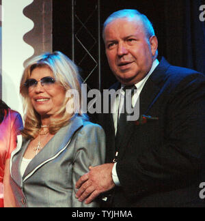 Frank Sinatra Jr. (R) and his sister Nancy Sinatra attend the U.S.Postal Service ceremony launching a special 42 cent stamp honoring their father Frank Sinatra on the 10th anniversary of his death in New York on May 13, 2008.   (UPI Photo/Ezio Petersen) Stock Photo