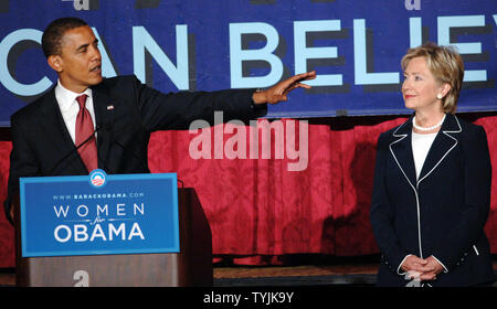 Former democratic presidential nominee rivals Senator Hillary Rodham Clinton and Senator Barack Obama make their first joint appearance in New York City to show that the party has mended at a morning women's breakfast rally at the Hilton hotel on July 10, 2008.    (UPI Photo/Ezio Petersen) Stock Photo