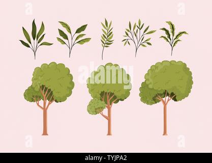 green leafs and trees natural set icons Stock Vector