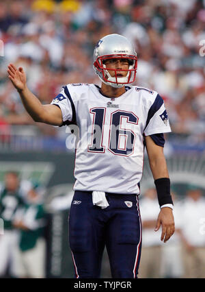 New England Patriots Matt Cassel give the signal for a first down in the  fourth quarter against the New York Jets at Giants Stadium in East  Rutherford, New Jersey on September 14