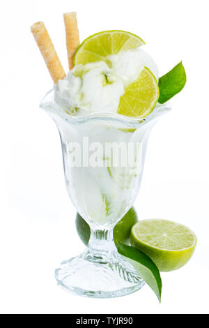 lemon ice cream goblet on white background with waffles, leaf and lemon slice Stock Photo