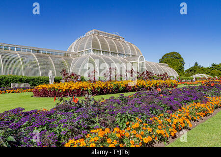 Flower beds in front of the The Palm House At The Royal Botanic Gardens, Kew , London .UK Stock Photo