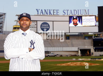 CC Sabathia speaks at a press conference announcing his signing with the  New York Yankees at Yankee Stadium in New York City on December 18, 2008.  (UPI Photo/John Angelillo Stock Photo - Alamy