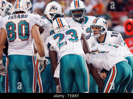 Miami Dolphins Chad Pennington (10) reacts while playing wide receiver in  the fourth quarter against the New York Jets at Giants Stadium in East  Rutherford, New Jersey on December 28, 2008. The