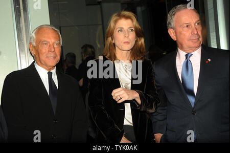 Designer Giorgio Armani (L) is joined by Caroline Kennedy and New York City Mayor Michael Bloomberg at the opening of an Armani/5th Avenue concept store in New York on February 17, 2009.   (UPI Photo/Ezio Petersen) Stock Photo