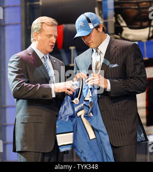 Georgia quarterback Matthew Stafford holds up his Detroit Lions jersey  after he is selected by the Lions as the number 1 overall pick at the 2009  NFL Draft at Radio City Music Hall in New York City on April 25, 2009. (UPI  Photo/John Angelillo Stock Pho