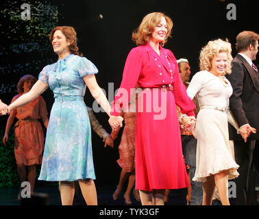 Cast members Stephanie Block, Allison Janney and Megan Hilty (L to R) of the Broadway musical production of '9 to 5' take their opening night curtain call bows at the Marquis  theatre in New York on April 30, 2009. (UPI Photo/Ezio Petersen) Stock Photo