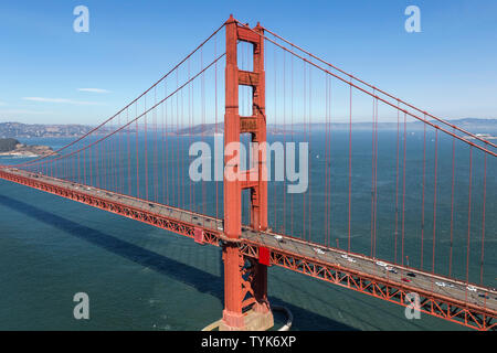 Aerial view of the Golden Gate Bridge tower with San Francisco Bay in background. Stock Photo