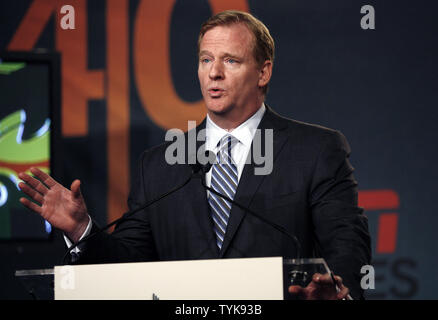 Roger Goodell speaks at the podium on the stage at the NFL, ESPN/ESPN Deportes and the Miami Dolphins press conference to announce Marc Anthony as part owner of the Miami Dolphins at the Time Warner Center on July 21, 2009 in New York City.    (UPI Photo/John Angelillo) Stock Photo