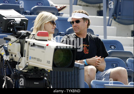 Will Ferrell and wife Viveca Paulin sit while Daniela Hantuchova of Slovakia plays Vania King of the USA on day 5 at the US Open Tennis Championships at the Billie Jean King National Tennis Center in New York on September 4, 2009. Hantuchova defeated King 6-2, 6-2.        UPI/John Angelillo Stock Photo