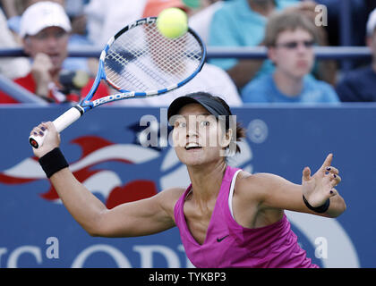 Na Li of China hits a forehand to Maria Kirilenko of Russia on day 5 at the US Open Tennis Championships at the Billie Jean King National Tennis Center in New York on September 4, 2009.       UPI/John Angelillo Stock Photo