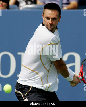 Robin Soderling of Sweden returns the ball to Nikolay Davydenko of Russia during their match at the US Open Tennis Championship on September 7, 2009 in New York.     UPI /Monika Graff Stock Photo
