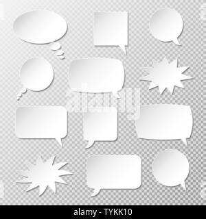 Speech bubbles of white paper on transparent background. Realistic vector 3d shapes for your design. Stock Vector
