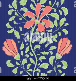 Beautiful indian floral style design with coral flowers and green foliage. Seamless geometric vector pattern on striped blue background. Great for Stock Vector