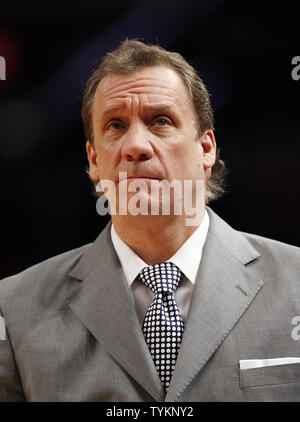 Washington Wizards head coach Flip Saunders stands on the court during a time out in the second half against the New York Knicks at Madison Square Garden in New York City on April 12, 2010. The Knicks defeated the Wizards 114-103.    UPI/John Angelillo Stock Photo