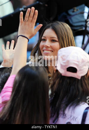 Actress Jessica Biel reacts with fans before Christina Aguilera performs on the NBC Today Show at Rockefeller Center in New York City on June 8, 2010.       UPI/John Angelillo Stock Photo