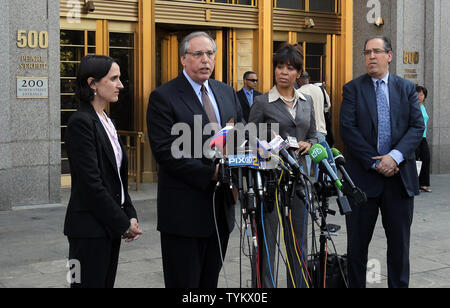 Attorney Robert Baum, who represented alleged Russian spy Anna Chapman, speaks to the press outside the Untied States Federal Courthouse after a hearing where ten people accused of being  Russian spies plead guilty at 500 Pearl Street in New York City on July 8,  2010.     UPI/John Angelillo Stock Photo