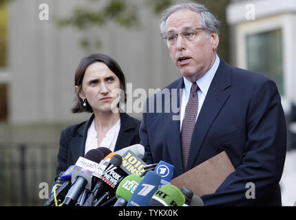 Attorney Robert Baum (R), who represented alleged Russian spy Anna Chapman, speaks to the press outside the Untied States Federal Courthouse after a hearing where ten people accused of being  Russian spies plead guilty at 500 Pearl Street in New York City on July 8,  2010.     UPI/John Angelillo Stock Photo