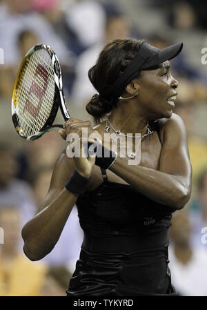 Venus Williams of the USA hits a backhand to Roberta Vinci of Italy in the first round of the U.S. Open Tennis Championships in Arthur Ashe Stadium in New York City on August 30, 2010.         UPI/John Angelillo Stock Photo