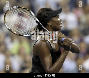 Venus Williams of the USA hits a backhand to Roberta Vinci of Italy in the first round of the U.S. Open Tennis Championships in Arthur Ashe Stadium in New York City on August 30, 2010.         UPI/John Angelillo Stock Photo