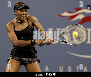 Venus Williams of the USA hits a backhand to Roberta Vinci of Italy in the first round of the U.S. Open Tennis Championships in Arthur Ashe Stadium in New York City on August 30, 2010.         UPI/John Angelillo Stock Photo