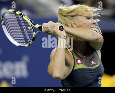 Caroline Wozniacki of Denmark hits a backhand in her quarterfinal match against Dominika Cibulkova of Slovakia at the U.S. Open Tennis Championships in Arthur Ashe Stadium in New York City on September 8, 2010.  UPI/John Angelillo Stock Photo