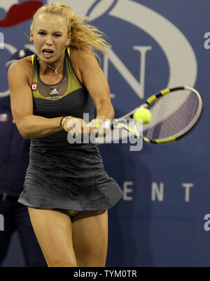 Caroline Wozniacki of Denmark hits a backhand in her quarterfinal match against Dominika Cibulkova of Slovakia at the U.S. Open Tennis Championships in Arthur Ashe Stadium in New York City on September 8, 2010.  UPI/John Angelillo Stock Photo