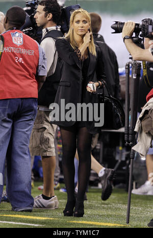 Mexican TV reporter Ines Sainz stands on the field before the New York Jets  play the Baltimore Ravens on Monday Night Football in week 1 of the NFL  season at New Meadowlands