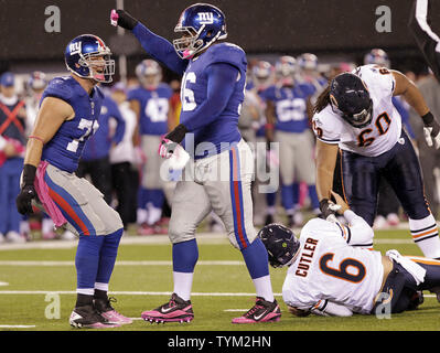 New York Giants jay Bromley and Olivier Vernon celebrate over Chicago Bears Jay  Cutler who reacts after he is sacked in the second half in week 11 of the  NFL at MetLife