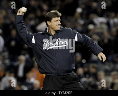 Former New York Yankee Tino Martinez throws out the first pitch before the Texas  Rangers play the New York Yankees in game 3 of the ALCS at Yankee Stadium in New York City on October 18, 2010.   UPI/John Angelillo Stock Photo