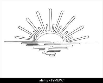 Continuous one line drawing. Sunset on the sea. Vector illustration. Stock Vector