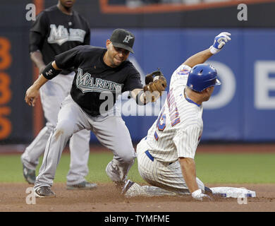 New York Mets Scott Hairston is caught stealing and tagged out by Florida Marlins Hanley Ramirez in the second inning at Citi Field in New York City on August 2, 2011.   UPI/John Angelillo Stock Photo