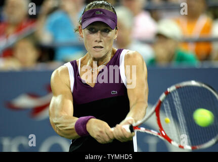Samantha Stosur of Australia,, ninth seed, returns the ball to Maria Kirilenko of Russia during third-round action at the U.S. Open held at the National Tennis Center on September 4, 2011 in New York.     UPI/Monika Graff Stock Photo