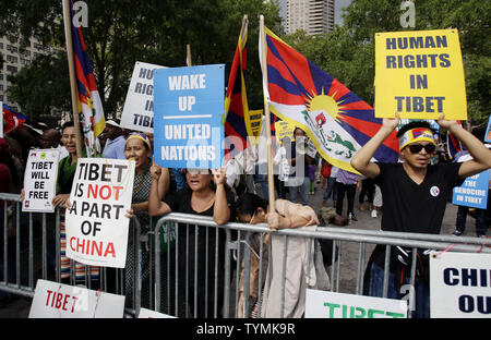 Tibetans and supporters protest the Chinese Foreign Minister, Yang Jiechi, at the United Nations headquarters in New York City, September 26, 2011.      UPI/John Angelillo Stock Photo
