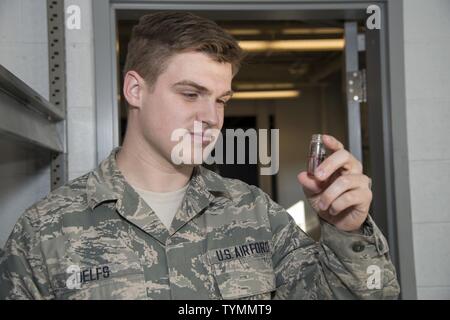 Senior Airman Alexander Delfs, 436th Aerospace Medicine Squadron bioenvironmental engineering journeyman, visually inspects a water test sample Nov. 16, 2016, at an aircraft watering point on Dover Air Force Base, Del. Airmen assigned to the 436th AMDS biomedical engineering flight routinely test water pH and chlorine concentration at location. Stock Photo