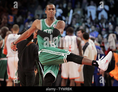 Boston Celtics Rajon Rondo reacts by kicking a basketball after the game against the New York Knicks in the first game off the 2011 NBA season on Christmas Day at Madison Square Garden in New York City on December 25, 2011. The Knicks defeated the Celtics 106-104.   UPI/John Angelillo Stock Photo