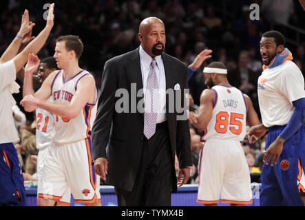 New York Knicks head coach Mike Woodson walks on the court as his team reacts when the Indiana Pacers call a time out in the first quarter at Madison Square Garden in New York City on March 16, 2012.      UPI/John Angelillo Stock Photo