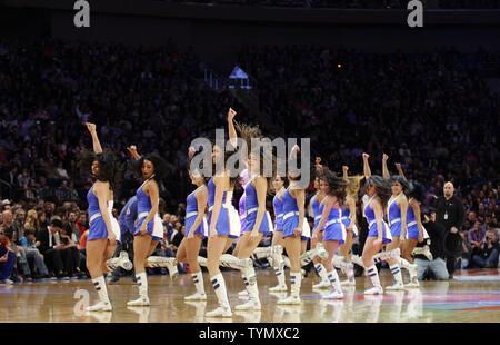 The Knicks City Dancers Cheerleaders perform when the New York Knicks play the Cleveland Cavaliers at Madison Square Garden in New York City on March 31, 2012.    UPI/John Angelillo Stock Photo