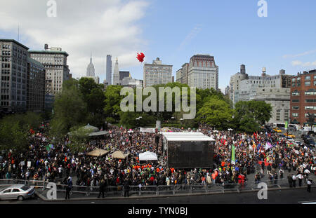 Occupy Wall Street protesters fill Union Square on May Day In New York City on May 1, 2012. Multiple protests are planned throughout the day on the eve of the one year anniversary of Osama Bin Laden's death.       UPI/John Angelillo Stock Photo